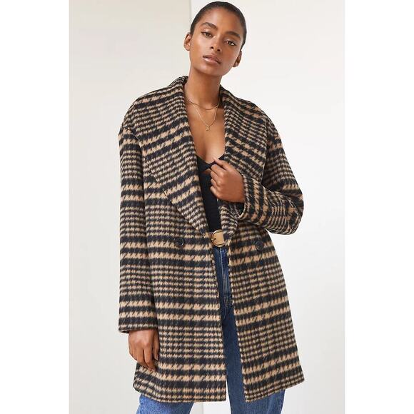 Avec Les Filles Women's Brushed Shawl Collar Houndstooth Plaid Jacket Black Tan - Picture 4 of 16